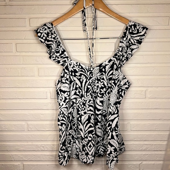 Loft Black and White Pineapple Ruffle Halter Top, Women Size Small - Picture 2 of 9